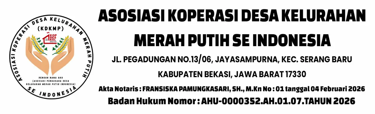 Banner utama AKDMP Indonesia menampilkan ilustrasi sinergi koperasi dan pembangunan ekonomi desa